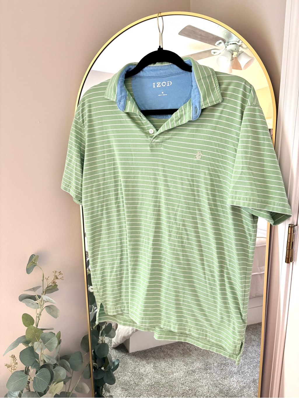 Izod Light Green Striped Polo With Blue Contrast Collar
